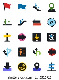 Color and black flat icon set - elevator vector, escalator, signpost, right arrow, left, radar, route, pin, download, compass, flag, guidepost