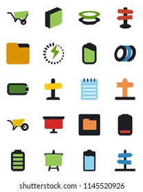 Color and black flat icon set - notepad vector, presentation board, wheelbarrow, signpost, battery, low, folder, charge, blank box, plates, guidepost