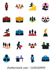 Color and black flat icon set - manager vector, pedestal, team, place, client, case, company, desk, career ladder, group