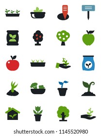 Color and black flat icon set - flower in pot vector, seedling, tree, sproute, plant label, fertilizer, fruit, salad, apple, eco house, palm