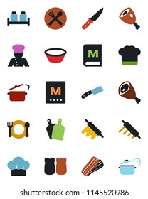Color and black flat icon set - cook vector, cafe, hat, menu, bacon, salt and pepper, ham, bowl, rolling pin, cutting board, knife, steaming pan