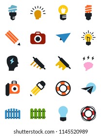 Color and black flat icon set - brainstorm vector, bulb, camera, pencil, fence, rolling pin, energy saving, shining head, idea, paper plane, crisis management