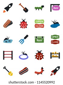 Color and black flat icon set - job vector, garden fork, lady bug, caterpillar, pond, rack, rent, bacon, open close, rocket