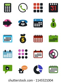 Color and black flat icon set - right arrow vector, calendar, circle chart, menu, calculator, phone, home message, money bag