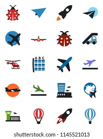 Color and black flat icon set - plane vector, departure, arrival, ladder car, helicopter, seat map, globe, airport building, lady bug, rocket, paper, air balloon