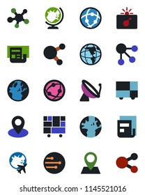 Color and black flat icon set - satellite antenna vector, bomb in case, globe, plane, earth, pin, consolidated cargo, network, share, news, social media