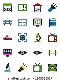 Color and black flat icon set - alarm car vector, seat map, bench, monitor pulse, microscope, eye, torch, plan, tv, alcove, scan