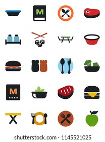 Color and black flat icon set - spoon and fork vector, picnic table, cafe, menu, salad, salt pepper, steak, hamburger, bowl, sushi, apple fruit
