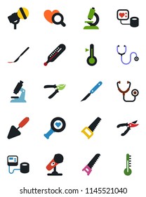Color and black flat icon set - trowel vector, pruner, saw, stethoscope, blood pressure, thermometer, heart diagnostic, microscope, scalpel, microphone