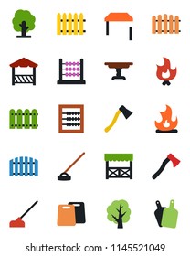 Color and black flat icon set - fence vector, tree, fire, hoe, axe, abacus, table, alcove, cutting board