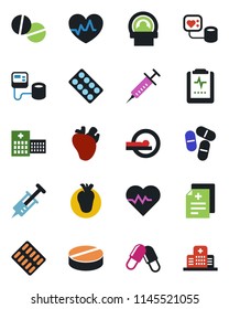 Color and black flat icon set - heart pulse vector, diagnosis, syringe, blood pressure, pills, blister, tomography, real, clipboard, hospital