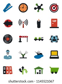 Color and black flat icon set - antenna vector, barrier, left arrow, baggage larry, pond, doctor, route, warehouse, vinyl, share, clock, hr, paper binder, notebook pc, stapler, candle, vip zone