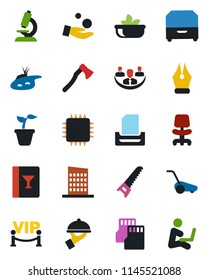 Color and black flat icon set - office chair vector, seedling, saw, lawn mower, axe, microscope, sd, company, ink pen, paper tray, archive box, pond, city house, wine card, salad, waiter, vip zone