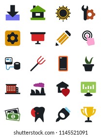Color and black flat icon set - sun vector, presentation board, factory, statistic monitor, pencil, farm fork, seedling, blood pressure, caries, cash, touch screen, hdmi, phone back, settings, house
