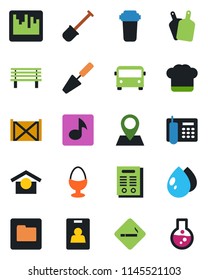 Color and black flat icon set - airport bus vector, smoking place, trowel, shovel, water drop, bench, pin, container, warehouse storage, scanner, folder, music, identity card, office phone, contract