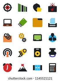 Color and black flat icon set - automatic door vector, bomb in case, notebook pc, client, sorting, laptop, speaker, alarm, folder, paper clip, target, tray, stamp, wireless, home protect, sun panel