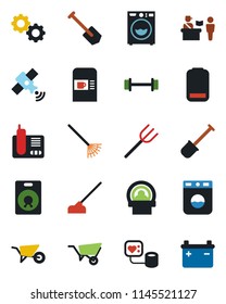 Color and black flat icon set - coffee machine vector, passport control, job, shovel, farm fork, rake, wheelbarrow, hoe, blood pressure, tomography, barbell, satellite, radio phone, speaker, washer