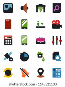 Color and black flat icon set - escalator vector, case, document search, satellite, speaker, settings, mobile, phone back, gallery, stopwatch, mute, place tag, video, update, home control