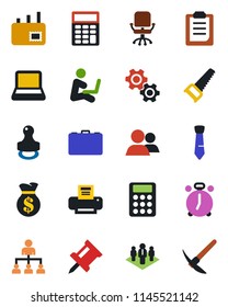 Color and black flat icon set - alarm clock vector, hierarchy, office chair, case, saw, group, clipboard, drawing pin, calculator, printer, tie, notebook pc, stamp, mail, company, gear, money bag