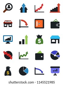 Color and black flat icon set - shop vector, checkroom, growth statistic, money bag, crisis graph, store, monitor statistics, pie, consumer search, arrow up, wallet, presentation