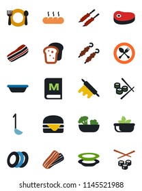 Color and black flat icon set - spoon and fork vector, cafe, menu, salad, plates, bacon, bread, steak, kebab, hamburger, ladle, bowl, rolling pin, sushi
