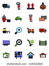 Color and black flat icon set - truck trailer vector, cargo container, car delivery, sea port, consolidated, warehouse storage, up side sign, no hook, package, search