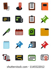 Color and black flat icon set - ticket vector, contract, document search, notepad, drawing pin, calendar, plant label, clipboard, news, folder, copybook, pen, restaurant receipt, schedule