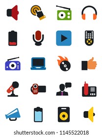 Color and black flat icon set - flame disk vector, microphone, radio, loudspeaker, video camera, remote control, touch screen, speaker, headphones, laptop pc, phone, finger up, battery, low, sound
