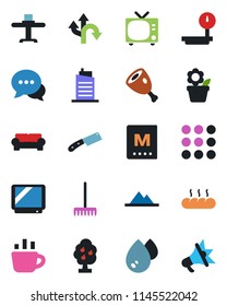Color and black flat icon set - tv vector, coffee, flower in pot, rake, route, heavy scales, dialog, menu, fruit tree, mountains, cushioned furniture, city house, restaurant table, bread, ham, knife