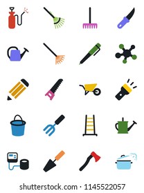 Color and black flat icon set - pencil vector, trowel, garden fork, rake, ladder, watering can, wheelbarrow, bucket, saw, knife, axe, sprayer, blood pressure, share, torch, pen, steaming pan