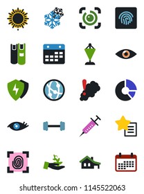 Color and black flat icon set - sun vector, pennant, circle chart, syringe, barbell, eye, network, favorites list, protect, calendar, id, fingerprint, book, house with garage, snowflake