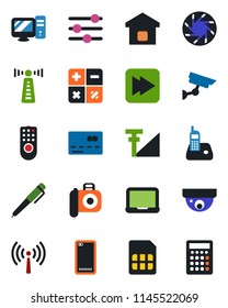 Color and black flat icon set - antenna vector, credit card, calculator, notebook pc, camera, radio phone, fast forward, back, mobile, tuning, sim, cellular signal, pen, smart home, remote control