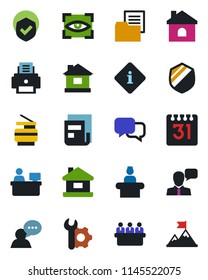 Color and black flat icon set - reception vector, meeting, manager place, house, folder document, shield, dialog, speaker, calendar, root setup, news, printer, copier, eye scan, information