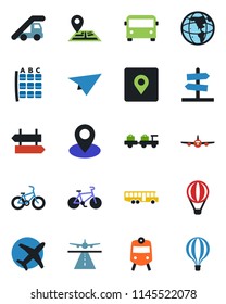 Color and black flat icon set - runway vector, airport bus, train, signpost, baggage larry, ladder car, plane, seat map, bike, navigation, pin, place tag, earth, paper, guidepost, air balloon