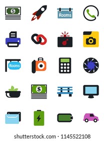 Color and black flat icon set - bomb in case vector, printer, bench, cash, camera, monitor, chain, mobile, photo gallery, battery, calculator, mail, rooms, phone, salad, rocket, car