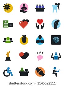 Color and black flat icon set - disabled vector, pedestal, brainstorm, meeting, manager place, heart, hand, real, tooth, joint, hospital, virus, client, fingerprint id, group, man with notebook