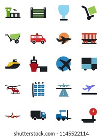 Color and black flat icon set - runway vector, departure, fork loader, plane, helicopter, seat map, airport building, wheelbarrow, ambulance car, railroad, sea shipping, delivery, port, container