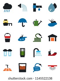 Color and black flat icon set - shower vector, watering can, bucket, rain, hose, pond, drip irrigation, sea shipping, port, umbrella, warehouse, drink, water, filter, warm floor, sprinkler