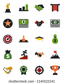 Color and black flat icon set - handshake vector, pedestal, graduate, money bag, cash, sertificate, bar graph, target, career ladder, police, motivation, pennon, award cup