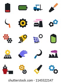Color and black flat icon set - fork loader vector, gear, factory, trowel, glove, saw, sickle, sea port, low battery, sun panel