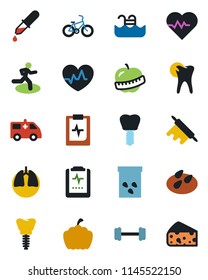 Color and black flat icon set - pumpkin vector, seeds, heart pulse, dropper, ambulance car, barbell, bike, run, lungs, caries, implant, clipboard, diet, pool, rolling pin, cheese