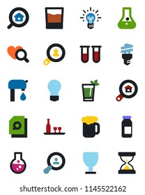 Color and black flat icon set - bulb vector, blood test vial, heart diagnostic, ampoule, fragile, document search, water supply, estate, client, alcohol, drink, phyto bar, beer, energy saving, idea