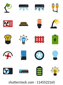 Color and black flat icon set - bulb vector, ripper, battery, rca, desk lamp, air conditioner, fridge, fan, radiator, warm floor, energy saving, idea