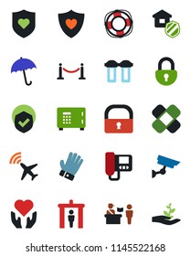Color and black flat icon set - plane radar vector, fence, passport control, security gate, umbrella, safe, glove, patch, heart shield, hand, lock, estate insurance, intercome, water filter