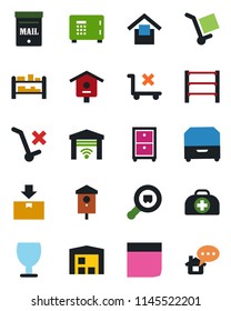 Color and black flat icon set - safe vector, bird house, doctor case, fragile, cargo, warehouse storage, no trolley, package, search, rack, blank box, archive, mailbox, garage gate control