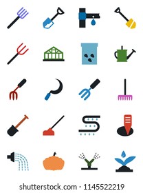 Color and black flat icon set - job vector, garden fork, shovel, farm, rake, watering can, hoe, sickle, plant label, pumpkin, greenhouse, seeds, drip irrigation