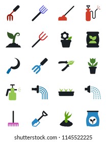 Color and black flat icon set - flower in pot vector, garden fork, shovel, farm, rake, watering, sproute, pruner, seedling, hoe, sickle, sprayer, fertilizer