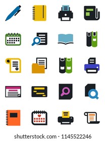 Color and black flat icon set - book vector, document search, pen, notepad, printer, medical calendar, folder, news, copybook, schedule, contract