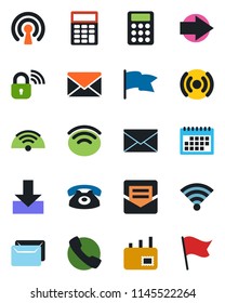 Color and black flat icon set - right arrow vector, mail, call, download, wireless, calendar, calculator, phone, lock, flag