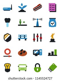 Color and black flat icon set - airport bus vector, escalator, pedestal, bench, seeds, fertilizer, implant, shield, antenna, settings, brightness, lock, bar graph, checklist, bacon, irrigation, pc